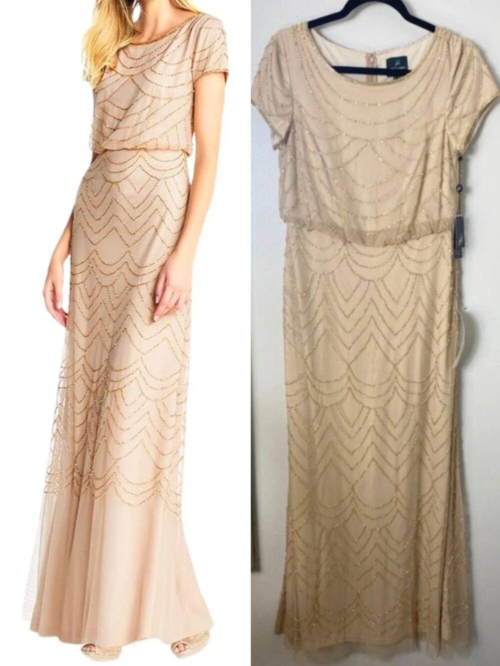 Adrianna Papell Gold Sequin Beaded Dress Art Deco Wedding Guest Gown